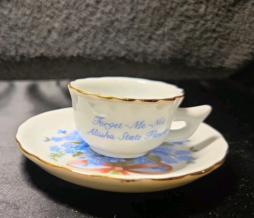 Alaska State Flower Forget-Me-Not Miniature Teacup & Saucer Set